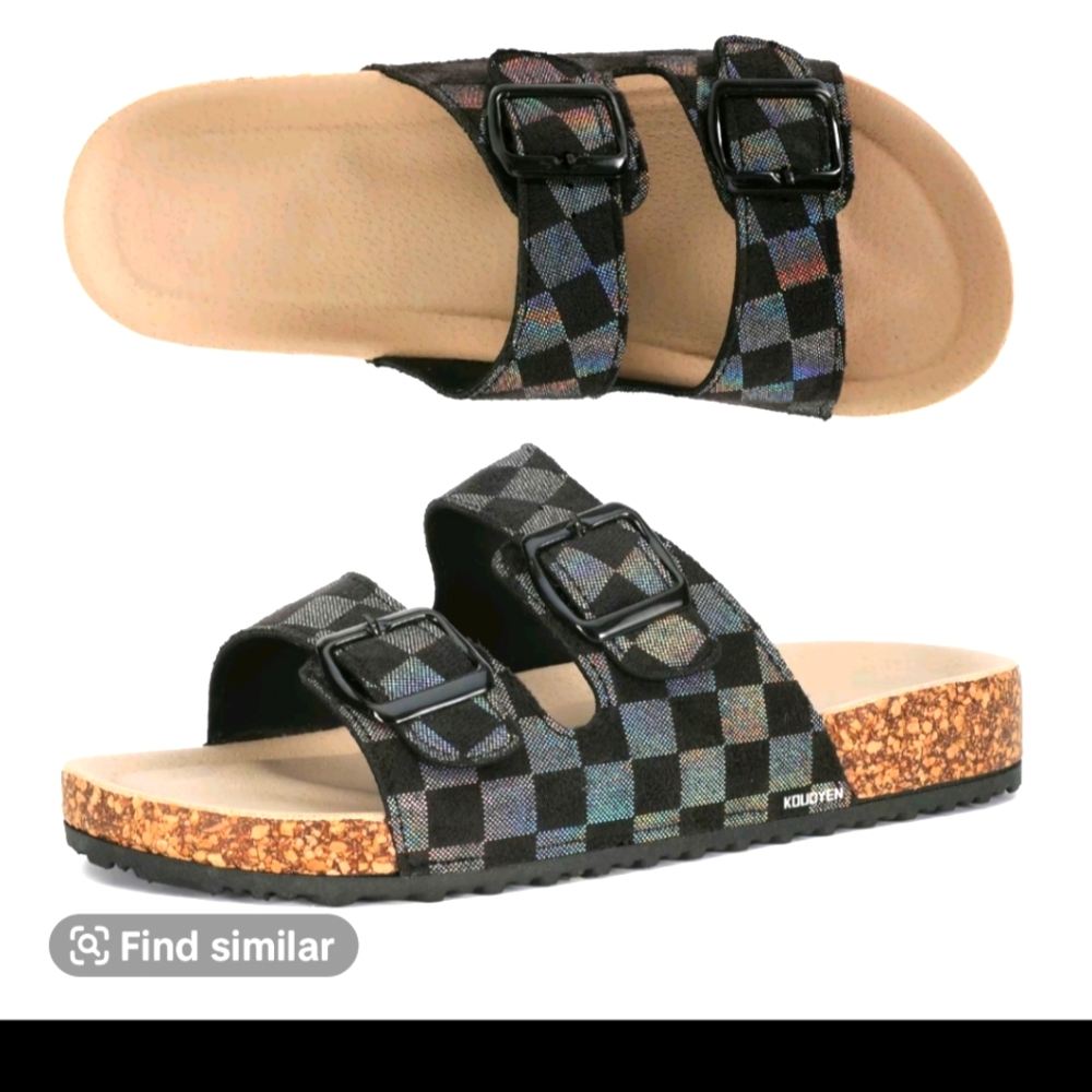 Black Checkered Sandals with Adjustable Straps
